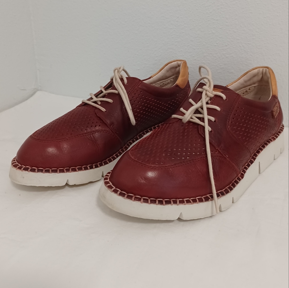 Pikolinos Perforated Sneakers Lace-up Leather Burgundy-Tan Women's Size 37
